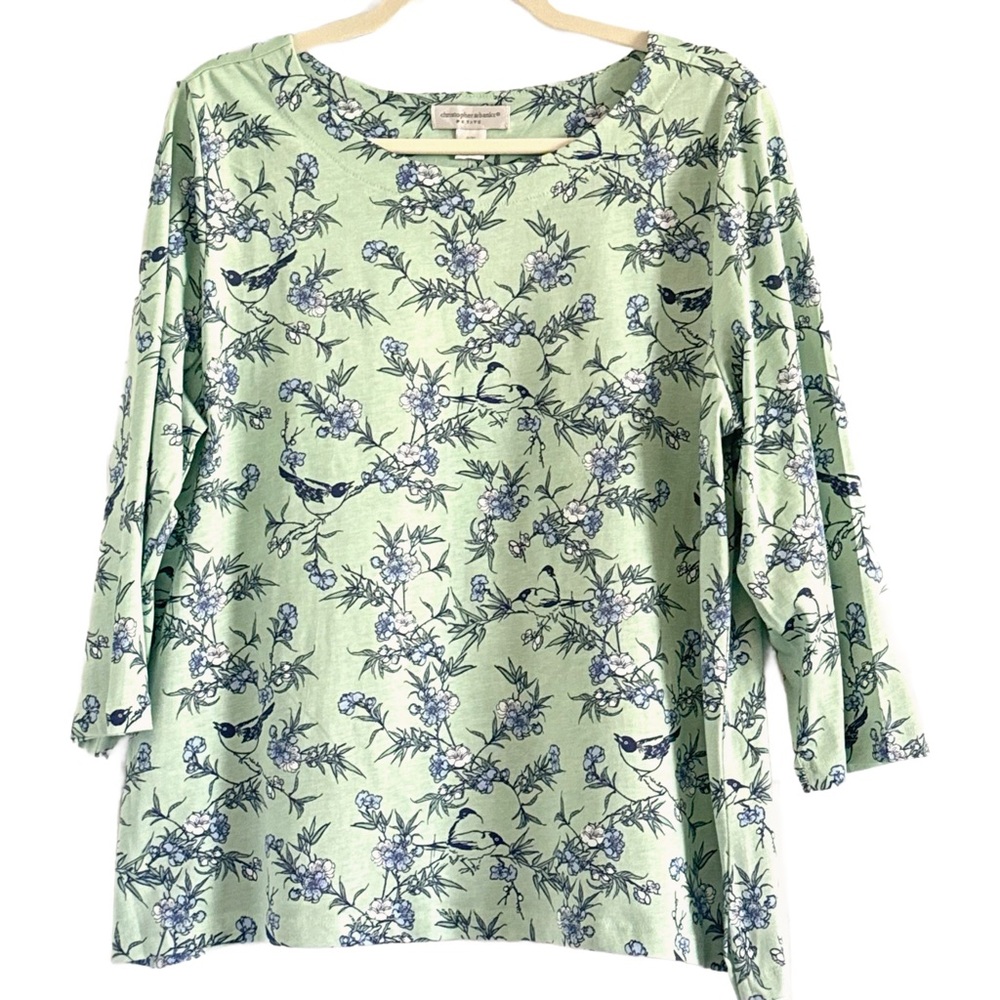 Christopher & Banks Mint Green Long Sleeve Top with Blue Floral & Bird Print